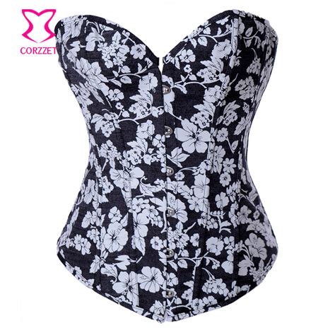 Sexy Floral Printed Denim Overbust Corset Steampunk Corsets