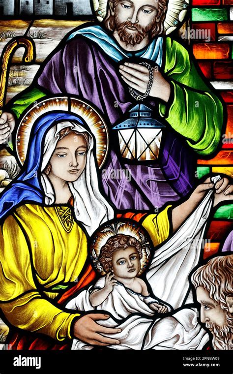 Song Vinh Church Stained Glass Nativity Scene Vietnam Stock Photo