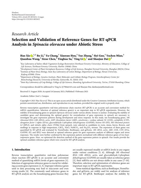 PDF Selection And Validation Of Reference Genes For RT QPCR Analysis