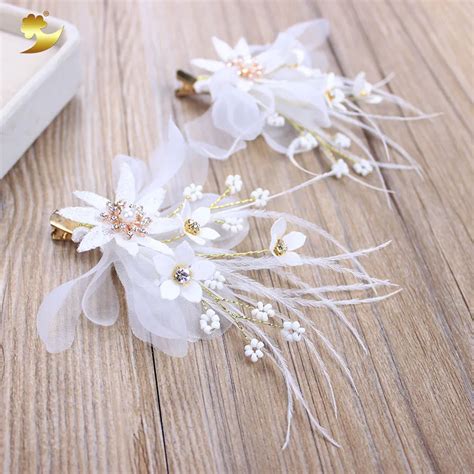 Buy Xinyun New White Flower Hair Clip Feather Hair