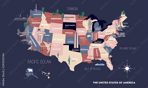 Poster map of United States of America with state names. USA cartoon travel map vector ...