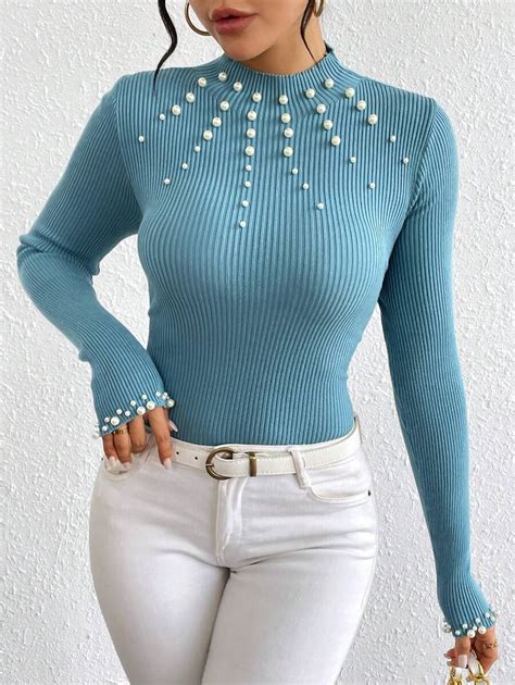 SHEIN Privé Pearls Beaded Mock Neck Bodycon Sweater SHEIN USA