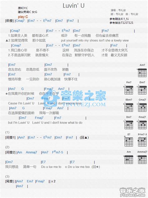 Luvin U吉他谱 韦礼安 C调吉他弹唱谱 和弦谱 琴谱网