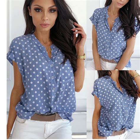 Blue Polka Dot Print Womens Tops And Blouses Short Sleeve V Neck Slim