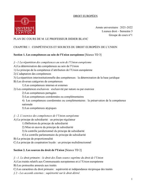 Plan DE 2021 2022 2 plan droit européen 1 DROIT EUROPÉEN PLAN DU