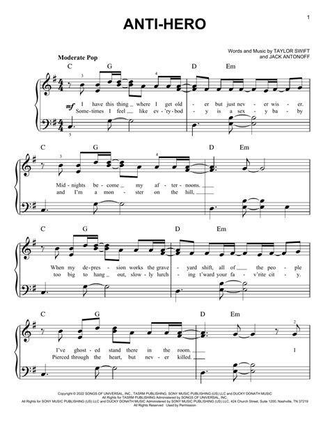 Anti Hero By Taylor Swift Sheet Music For Easy Piano At Sheet Music Direct