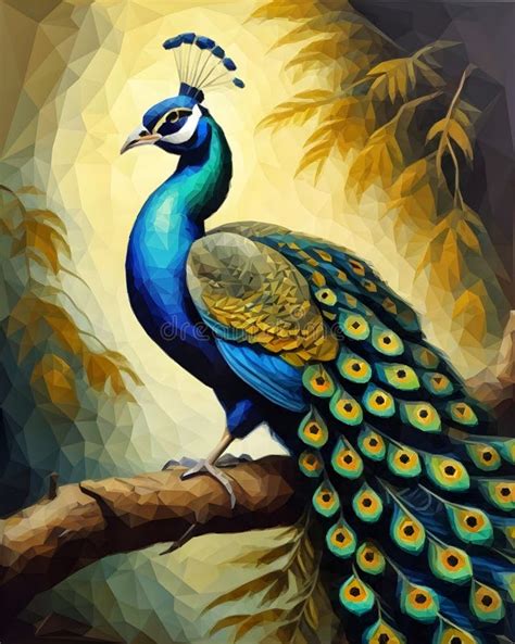 A Painting Of A Peacock Sitting On A Tree Branch Stock Illustration