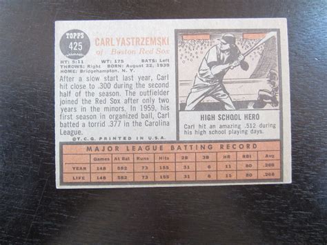 1962 Topps 425 Carl Yastrzemski Autograph Signed Card Boston Red Sox