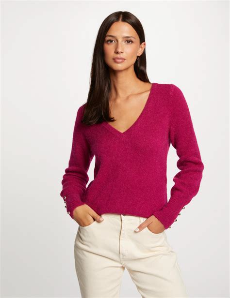 Pull Manches Longues Col En V Framboise Femme Morgan