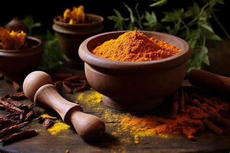 Premium Ai Image A Bowl Of Turmeric Sits On A Table With Other Spices