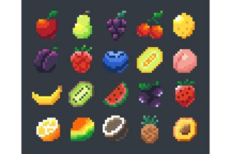 Pixel Fruits Cartoon 2D Game Sprite Asset With Apple Banana