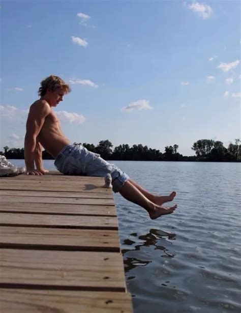 Shirtless Male Muscular Beefcake Jock Shaggy Hair Sitting On Pier Photo