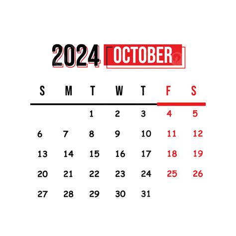 Calendario Octubre 2024 Fondo Transparente Vector PNG Dibujos Octubre