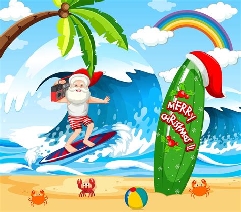 Santa Claus surfing at the beach for Summer Christmas 1482458 Vector Art at Vecteezy