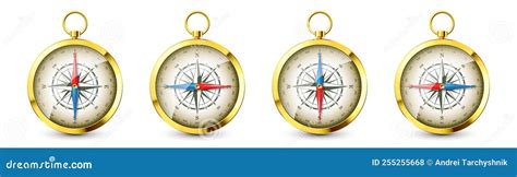 Realistic Golden Vintage Compass With Marine Wind Rose And Cardinal