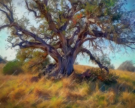 Premium AI Image | A painting of a tree in a field of grass.