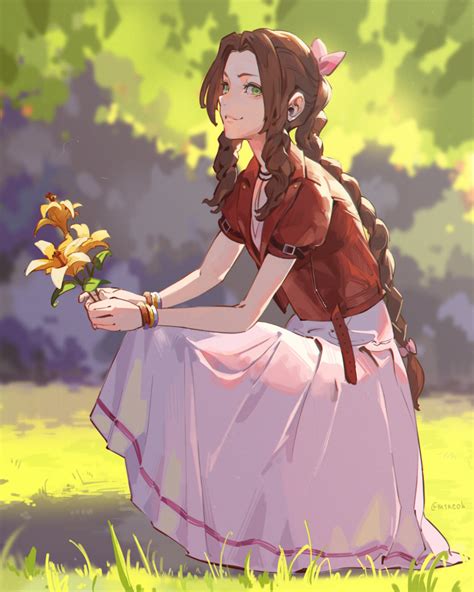 Safebooru 1girl Aerith Gainsborough Arm Support Bangs Belt Blurry