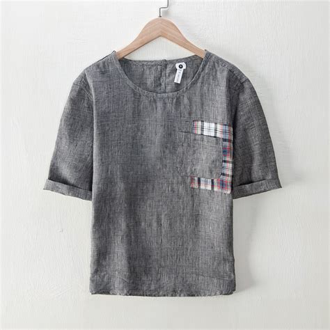 Men S Linen Checkered Short Sleeve Shirt With Round Neck Truelinens