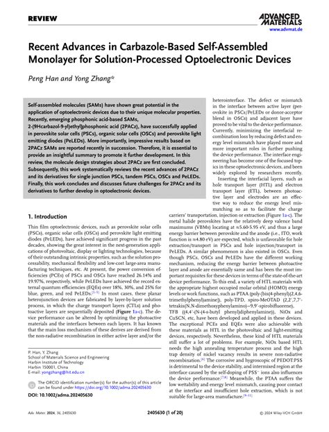 Recent Advances In CarbazoleBased SelfAssembled Monolayer For