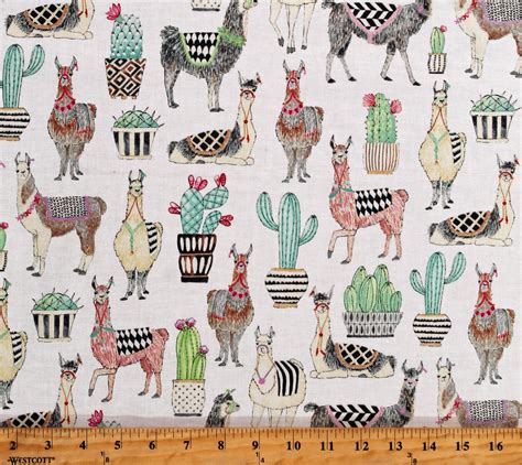 Cotton Lovely Llamas Cactus Cacti Desert Animals Southwestern White