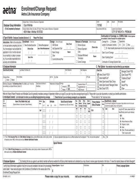 Fillable Online Wichita Aetna Premium Enrollment And Change Form