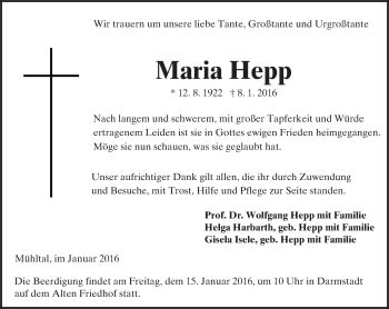 Traueranzeigen Von Maria Hepp Vrm Trauer De