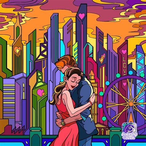 A Man And Woman Hugging In Front Of A Cityscape