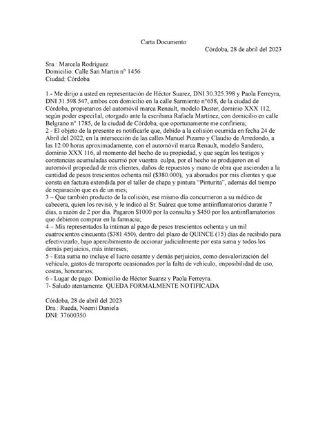 Carta Documento accidente de transito Carta Documento Córdoba 28 de