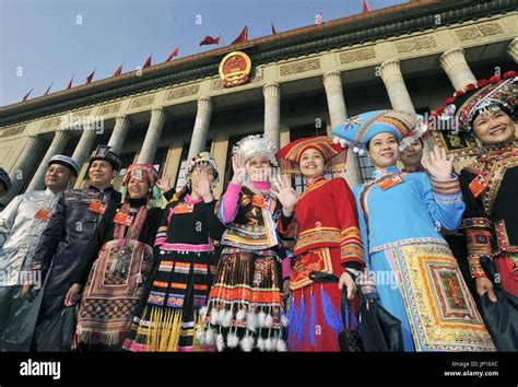 Beijing China Ethnic Minority Delegates Pose For Photos In Front Of The Great Hall Of The