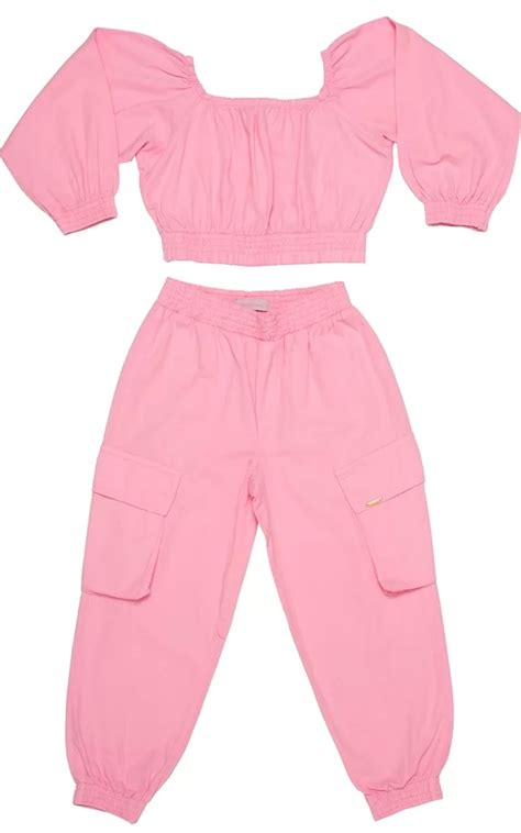 Conjunto Sarja Cropped Manga Longa e Calça Jogger Infantil Menina Rosa