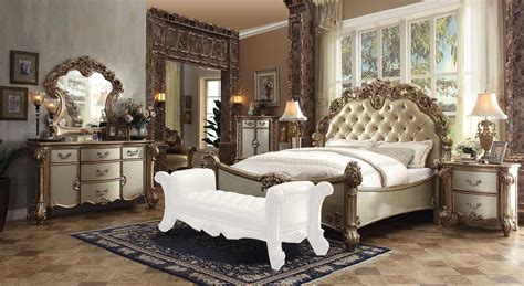 Acme Vendome Bedroom Set Bone Vinyl Gold Patina Q Bed Set At