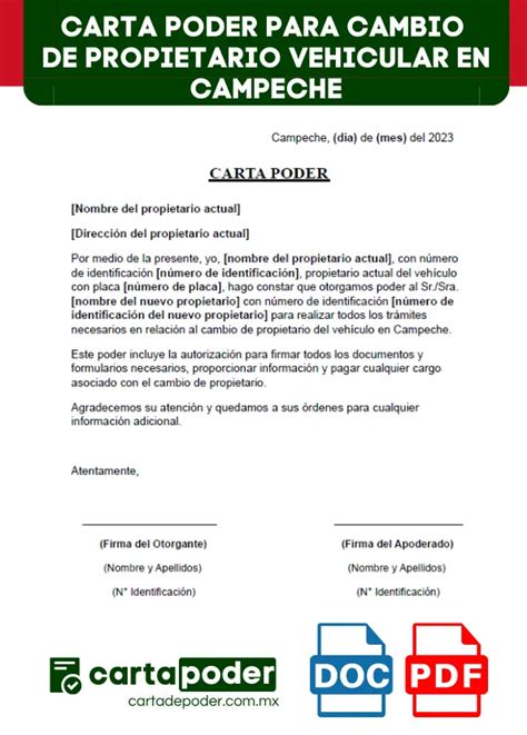 Carta Poder Para Cambio De Propietario Vehicular Campeche