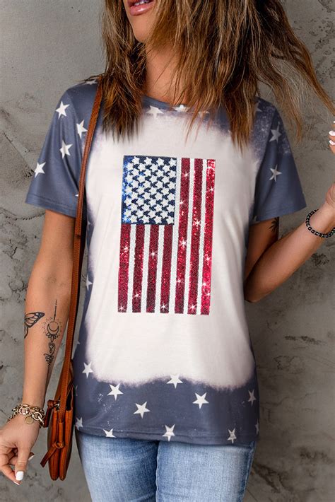 Wholesale Blue Star Sequin American Flag Graphic T Shirt