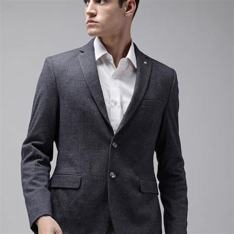 Men Navy Blue Self Design Slim Fit Single Breasted Smart Casual Blazer