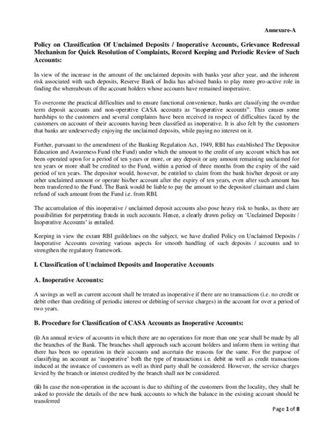 Fillable Online Sub Policy On Classification Of Unclaimed Deposits