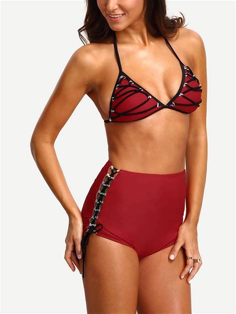 Halter Lace Up Hight Waist Bikini Set SheIn Sheinside