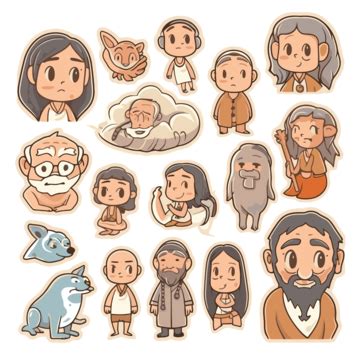 Cartoon And Carved Sticker Characters Of Ancient Israeli People Vector ...