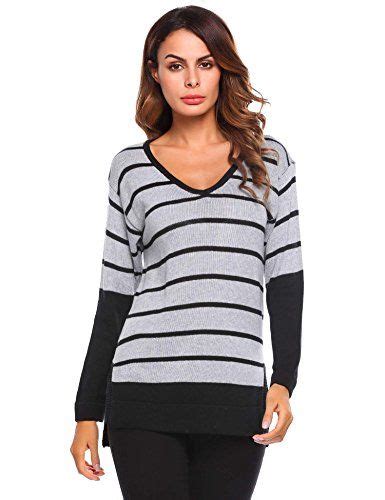 Summerrio Womens V Neck Long Sleeve Striped Split Hem Casual Knit