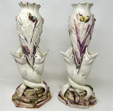 Antique Pair Irish Belleek Porcelain Triple Fish Rare Vases