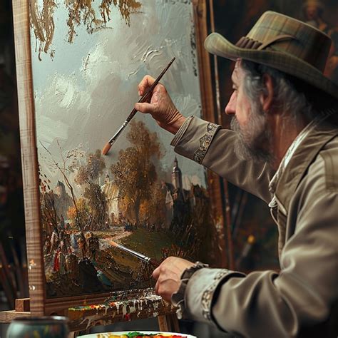 Fotos Renderizadas En 3D De Un Pintor Pintando Con Pinceles En Lienzo