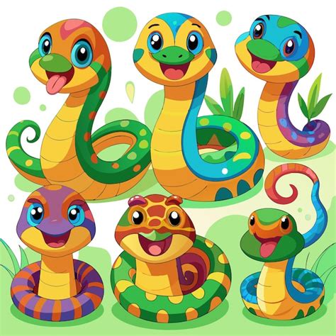 A Colorful Illustration Of Cheerful Cartoon Snakes In Various Poses