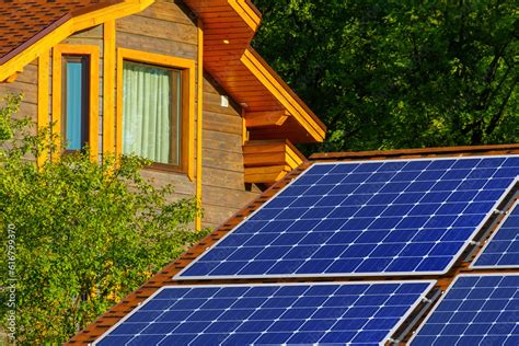 House With Solar Batteries Photovoltaic Equipment Wooden Energy Efficient Cottage Solar