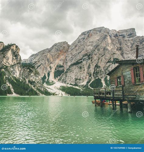 Lago Di Braies In Fanes Sennes Braies Nature Park Italy Square Crop