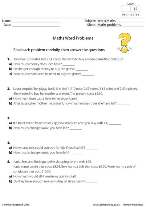 Numeracy Maths Word Problems Worksheet Uk