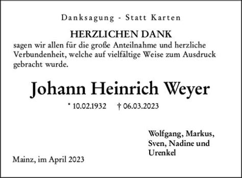 Traueranzeigen Von Johann Heinrich Weyer Vrm Trauer De