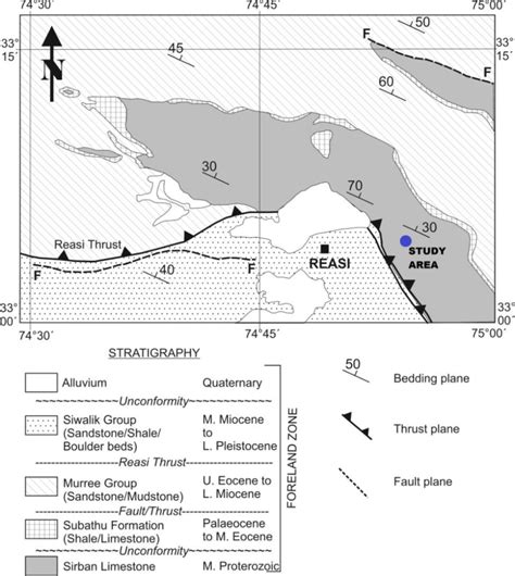 Simplified geological map of Reasi area, Jammu & Kashmir, India (after... | Download Scientific ...