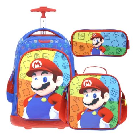 Kit Chenson Mochila C Ruedas Lonchera Lapicera Mario Bros Meses Sin