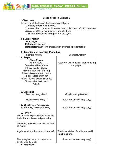 Lesson Plan In Science Lesson Plan In Science I Objectives At