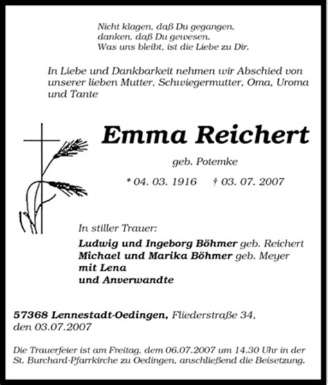 Traueranzeigen Von Emma Reichert Trauer In Nrw De