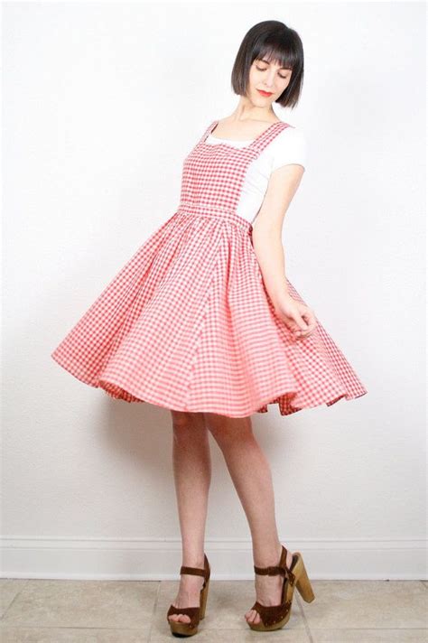 Vintage Overalls Dress Red White Dress Gingham Plaid Circle Etsy Red Dress Red And White